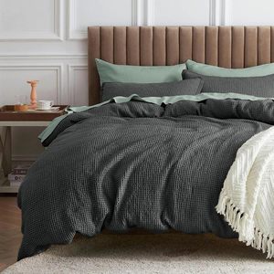 Waffle Duvet <b>Set</b> Skin-Friendly 3 Pieces Winter Sheet Pillowcase Faux-Muslin Waffle Weave Polyester Gauze Duvet Cover <b>Set</b> - Product Image 3