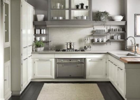 Armoire de cuisine avec porte incurvée laquée blanche et îlot