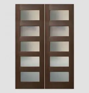 Puertas de vidrio esmerilado estilo agitador de 5 paneles, diseño de puerta principal de madera doble, imágenes