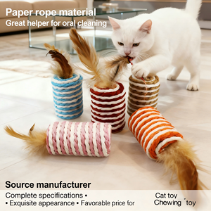 Cat Chew Toys Cute Colorful Cotton Rope Cylinder with Feather Teeth Cleaning Durable Plaything for Cats - Product Image 2