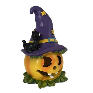 Figurine miniature en résine de citrouille avec chapeau de sorcière et chat, décoration d'Halloween pour intérieur, ornement lumineux à piles - Product Image 5