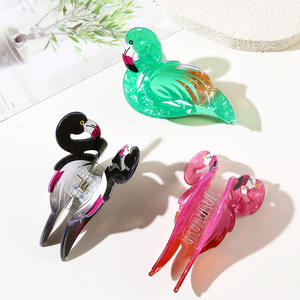 Pince à cheveux en acrylique imprimé flamant rose, couleur bonbon, motif animal, pour filles - Product Image 6