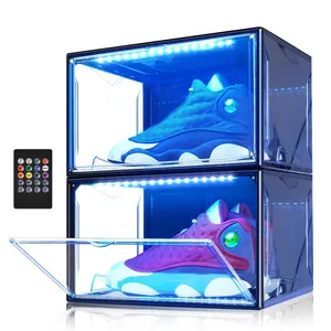 Rak kotak sepatu lipat, rak kotak sepatu plastik bening yang dapat ditumpuk, tempat sampah magnetik dengan lampu LED