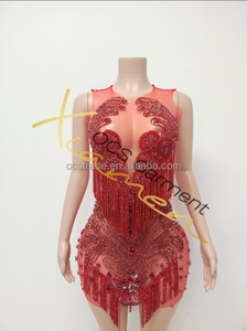 MF Mesh Translucent Dia Performance Wear Blue Tassel Rhinestone Sexy Crystal Sin mangas Party Mini Club Dress - Product Image 5