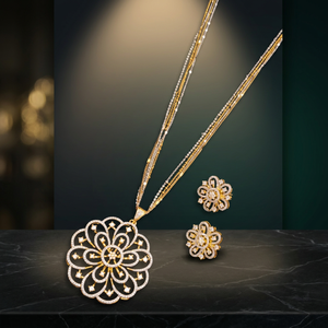 Brass AD Pendant Necklace Set Dual Tone Gold Rhodium Plated Floral CZ Long 24 Inch <b>Chain</b> <b>Stud</b> <b>Earrings</b> Indian Jewelry - Product Image 4