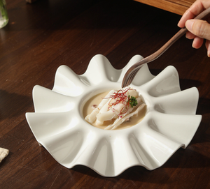 Wave Edge White Porcelain Plate, Unique Flower Shaped Ceramic Serving Plate for Appetizers, <b>Desserts</b> Artistic Food Presentation - Product Image 1