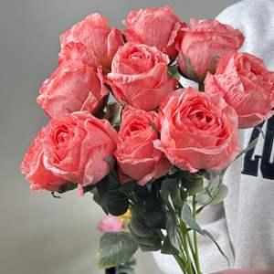 Bouquet de roses artificielles en soie, rose foncé, orange, jaune, haute simulation, décoration intérieure, accessoires de mariage - Product Image 1