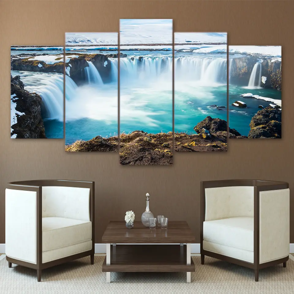 قماش ديكور المنزل HD يطبع المشارك 5 أجزاء أيسلندا لوحات Godafoss شلال المشهد صور وحدات جدار الفن