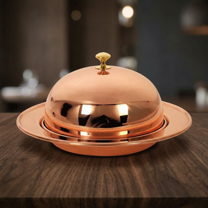 Plat de service en cuivre avec couvercle et plateau |   Plat de service rond en cuivre pour réchauffer les aliments, pour la salle à manger, la maison et la cuisine - Product Image 2