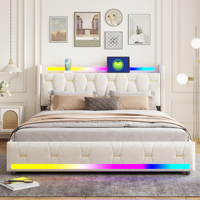 Lit multifonctionnel avec rangement intégré, cadre en velours, éclairage LED RGB, audio Bluetooth, chargeur sans fil, port USB C
