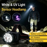 Linterna frontal recargable con luz UV y sensor de movimiento, impermeable IPX4, LED, para casco, detección de orina de mascotas y localizador de escorpiones