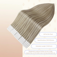 Extensions de cheveux humains Remy à bandes adhésives invisibles, blond cendré avec mèches blond platine