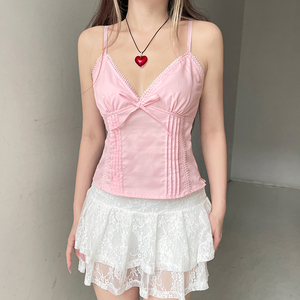 เสื้อสายเดี่ยวคอวีแต่งระบาย Sweet Girl รุ่นบางเบา สีพื้น สำหรับฤดูร้อน เสื้อครอปสำหรับผู้หญิง - Product Image 6