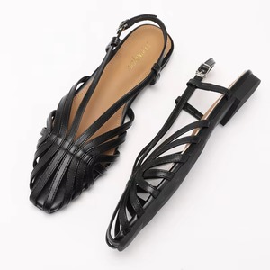 2026 New Premium Gold Metallic Square Toe Slingback Flats Woven Strappy Casual <b>Sandals</b> - Product Image 5