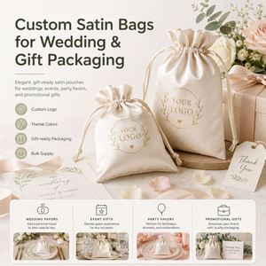 Sac à cordon en satin imprimé avec logo personnalisé en feuille d'or, pochette de luxe pour cadeaux de mariage avec ruban pour le marché des cadeaux européens - Product Image 2