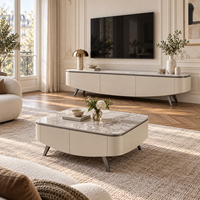 Table basse de salon WYRAX Club Lounge avec rangement intégré, meuble TV bas assorti, façades sans poignées et pieds métalliques inclinés