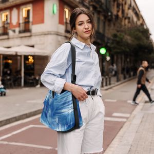 Blue Denim Print Shoulder Bag Vintage Bucket Crossbody Handbag Zipper Underarm <b>Purse</b> for Daily Outdoor Use - Product Image 6