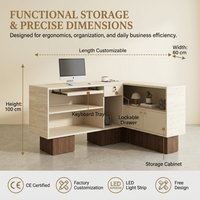 Bureau de réception en forme de L style crème avec éclairage LED intégré, comptoir avant personnalisable avec logo pour clinique, salon, institut de beauté, spa