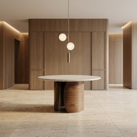 Table de salle à manger de style farmhouse moderne de luxe avec base en bois massif et plateau en marbre naturel, ronde, 6 places, pour usage intérieur