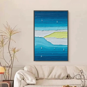Hand Painted Abstract Seascape Canvas Art With <b>Frame</b> Contemporary Textured Wall Decor Indoor Blue Green Ocean Waves - Product Image 1