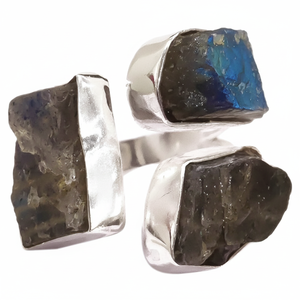 Anillo de Mujer con Labradorita Natural, Anillo Ajustable de Triple Piedra, Joyería Hecha a Mano, Anillo de Plata de Ley 925 - Product Image 1