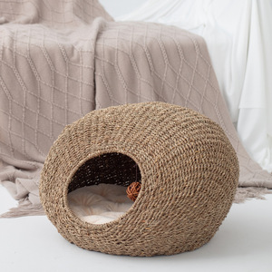 Rattan <b>Cat</b> Bed Oval Shape Straw Weaving Pet Bed For <b>Cats</b> Cooling <b>Mat</b> Handmade Solid Pattern - Product Image 3