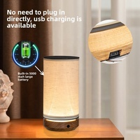 Lampu Meja LED Bertenaga Baterai Kayu Walnut Ash Kontrol Sentuh Isi Ulang Kap Lampu Kain Gaya Nordik Minimalis Lampu Malam untuk