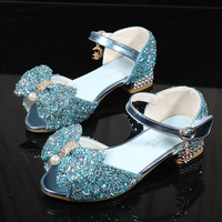 Chaussures d'été à talons pour enfants, mode enfantine, avec paillettes, pour l'école, jolies chaussures de princesse avec nœud appliqué pour anniversaire, vente en gros