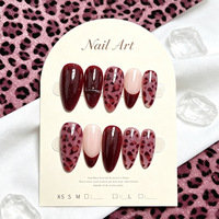 24 faux ongles à presser, forme amande, bordeaux, imprimé léopard, French manucure, motif ligne argentée, vente en gros, dropshipping