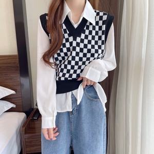 Nouveau Gilet Tricoté Plaid pour <span class=keywords><strong>Femme</strong></span>, Coupe Slim, Col en V, Court, <span class=keywords><strong>Sans</strong></span> Manches, Haut d'Extérieur, <span class=keywords><strong>Pull</strong></span> pour l'Automne, Effet Amincissant - Product Image 3