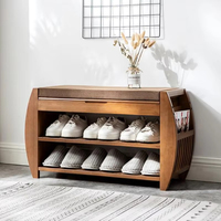 Banc à chaussures moderne en bambou avec double coussin amovible, compartiment de rangement dissimulé et tiroir latéral pour l'entrée
