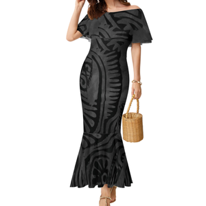 Robe Décontractée Femme Grande Taille à Volants et Épaules Dénudées, Motif Tribal Polynésien Personnalisé Îles du Pacifique, MOQ 1, Idéale pour le Dropshipping - Product Image 3