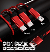 Nylon trenzado 3 en 1 Cargador de teléfono universal Carga rápida Tipo-C Micro USB Cable de 8 pines