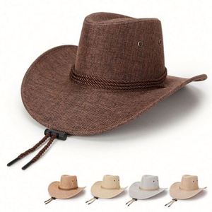 Chapeaux de cowboy en lin pour hommes à large bord rigide, style western, pour le printemps et l'été, protection solaire, vente en gros - Product Image 2
