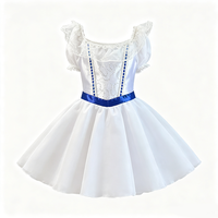 Costume de danse de ballet blanc pour filles, manches bouffantes, garniture en dentelle, corsage décoré de strass avec ceinture bleue, jupe longue en mousseline pour spectacle