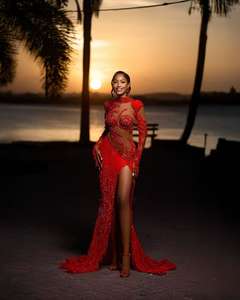 Robes de bal africaines de luxe perlées, sexy, à manches longues, style Aso Ebi, robes de soirée à traîne, personnalisées, pour fêtes formelles - Product Image 6