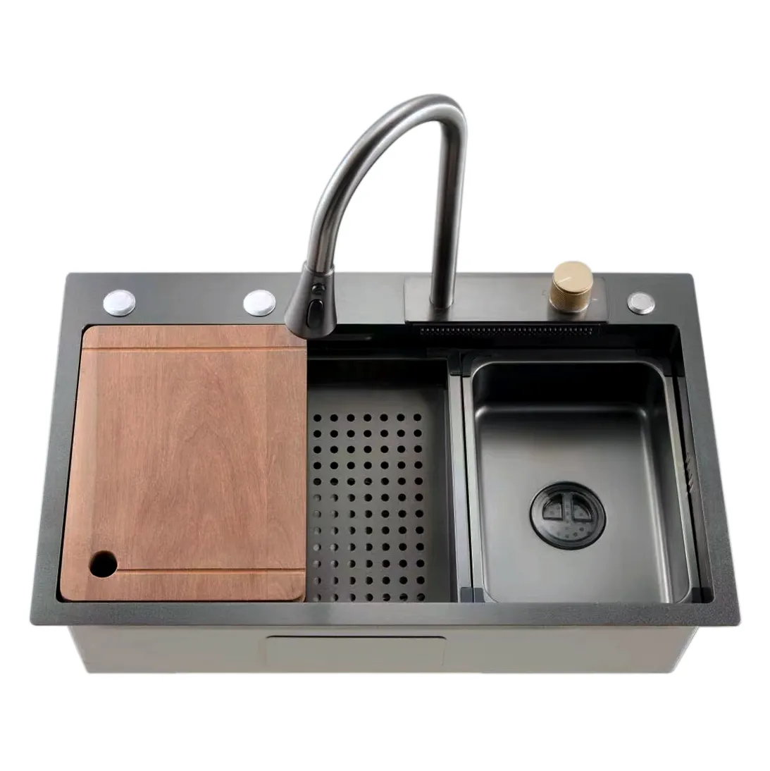 Fregadero de cocina en cascada 7546B1, fregadero de cocina de acero inoxidable 304, juego de fregadero de cocina de un solo cuenco con cascada negra moderna