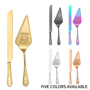 Spatula pisau kue pernikahan besi tahan karat emas mewah 18/10 Set 2 buah pisau pemotong kue piring Pie untuk tas OPP - Product Image 2