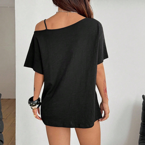 Trendy Women's Loose Black Gothic T-Shirt One Shoulder Spaghetti Strap <strong>Skull</strong> &amp; Wings Print Y2K Punk Grunge Streetwear Casual <strong>Top</strong> - Product Image 2