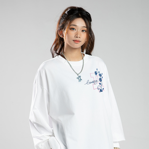 <span class=keywords><strong>T</strong></span>-<span class=keywords><strong>Shirt</strong></span> in Cotone 100% Lavorato a Maglia, Stile Americano Retrò, Ricamo in Porcellana Blu e <span class=keywords><strong>Bianca</strong></span>, Vestibilità Ultra-Loose, Manica Lunga, Unisex, Primavera-Autunno - Product Image 4