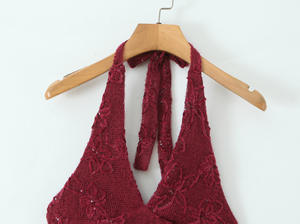 Robe courte à col halter pour femme, personnalisée OEM, dos ouvert, en maille transparente avec paillettes et fausse fourrure floquée pour une soirée audacieuse, robe sexy - Product Image 3