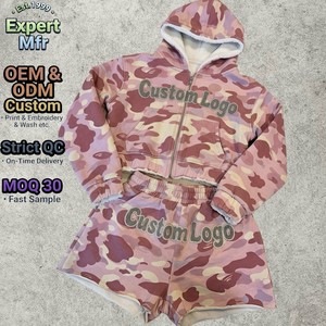 Completo da <span class=keywords><strong>donna</strong></span> due pezzi mimetico <span class=keywords><strong>rosa</strong></span> con logo personalizzato, ricamo pesante, streetwear, felpa crop con zip e pantaloncini <span class=keywords><strong>tuta</strong></span> - Product Image 1