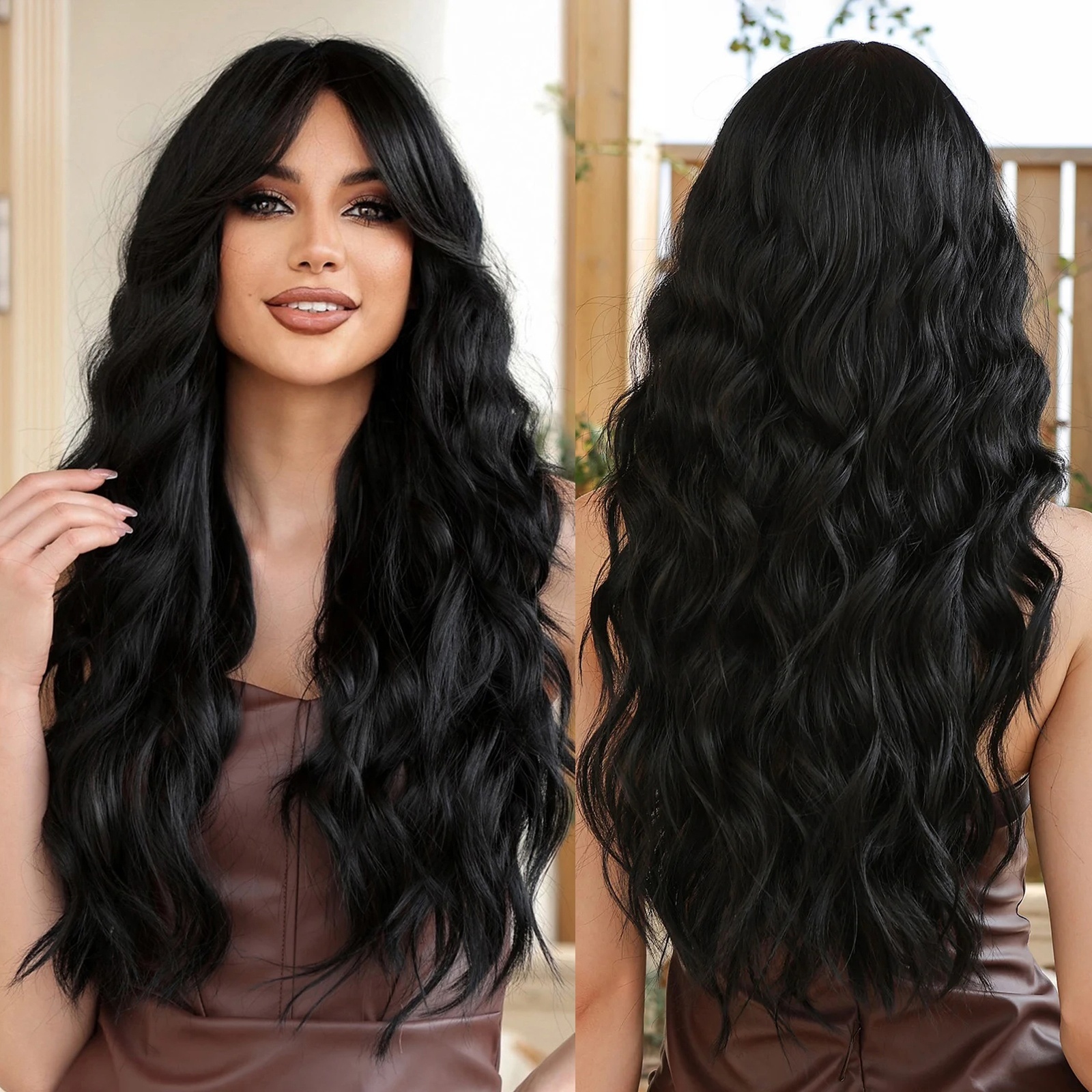 Synthetic Wavy Wig with Bangs Heat Resistant Glueless Long Hair Party Wear S56ce409bb1df4837b4d960db20e74  main image 3