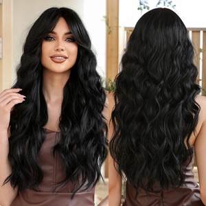 Peluca negra ondulada larga con flequillo, pelucas de pelo rizado sintético para mujeres blancas, fibra resistente al calor, Cosplay, uso diario, peluca de pelo falso - Product Image 1