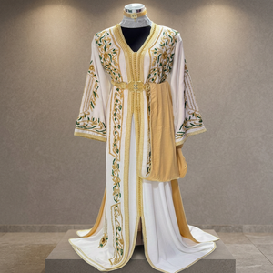 Elegante Caftán Marroquí de Seda Satinada, Natural, Transpirable, Antiarrugas, con Estampado Floral, Largo hasta el Suelo, Vestido Blanco Takchita para Mujer, para la Noche - Product Image 3