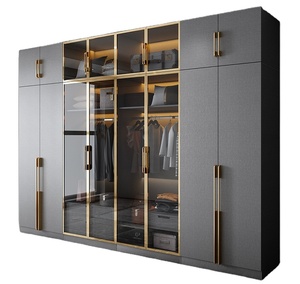 Juego de Armario Gris de Alta Gama Trlife con Detalles en Vidrio y Dorado Escritorio Integrado Almacenamiento Inteligente Muebles de Dormitorio Modernos - Product Image 1