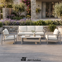 Ensemble de canapés d'extérieur J&M T846 en aluminium et rotin PE, 5 places, coussins bouclés, accoudoirs en corde, table basse, pour terrasse de montagne