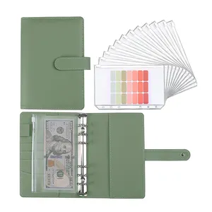 Custom Factory12 PCS A6 Binder Pockets-Green Cash Envelopes PU Leather Notebook Binder A6 Budget Binder