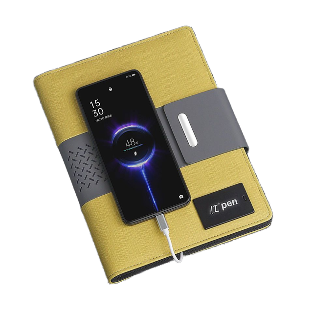 Custom LED Light Logo Power Bank Notebook Agenda A5 Charging Notebook with USB Wireless Charger 8000mah Leather Diary