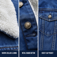 Veste en jean pour homme, doublée polaire, col sherpa, simple boutonnage, quatre poches, poignets boutonnés, style workwear, délavage vintage, hiver, production OEM
